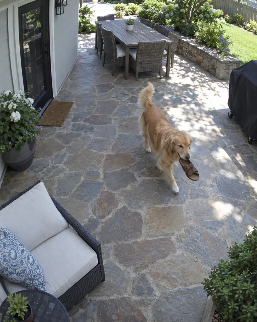 Un perro se lleva una sandalia por el patio